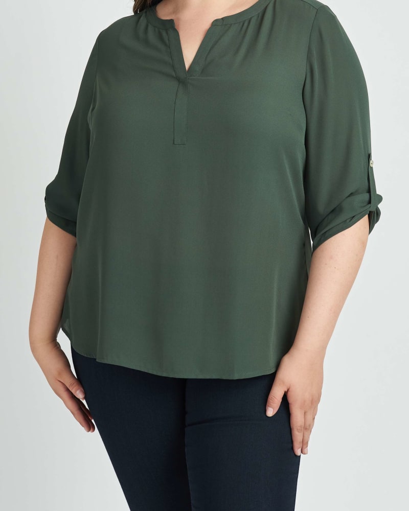Front of a model wearing a size 3X Gabriella 3/4 Roll-Tab Sleeve Blouse in HUNTER by Daniel Rainn. | dia_product_style_image_id:297376